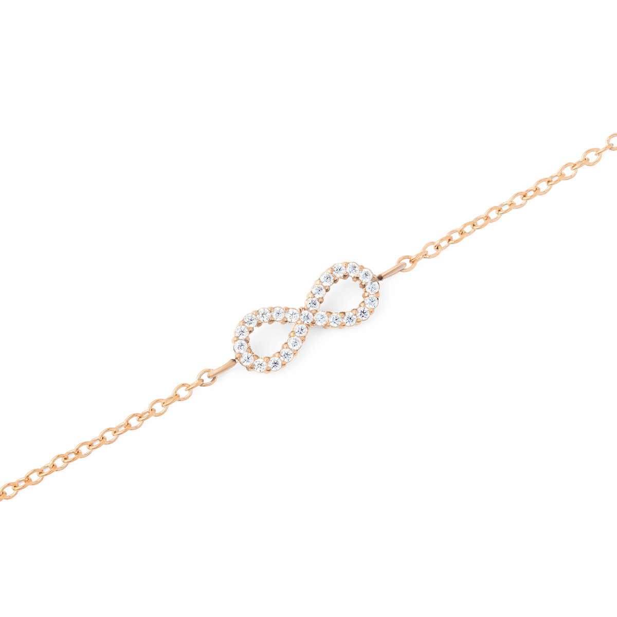 Close-up of the Mirelle Infinity Bracelet Rose Gold, highlighting the dainty infinity charm set with sparkling white cubic zirconia stones on a fine rose gold chain.