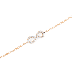 Close-up of the Mirelle Infinity Bracelet Rose Gold, highlighting the dainty infinity charm set with sparkling white cubic zirconia stones on a fine rose gold chain.