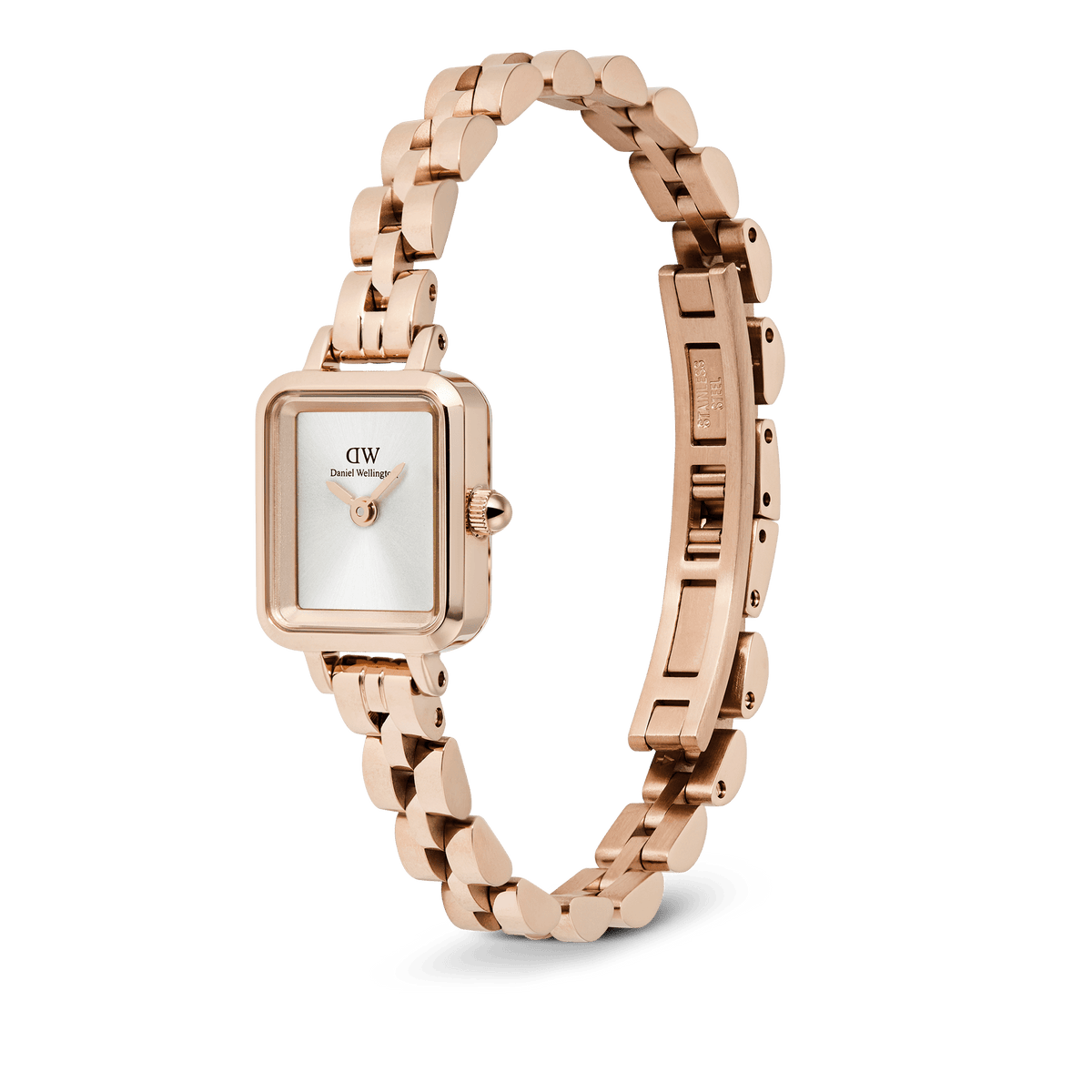 Quadro Mini Arch 3-link White Sunray Rose Gold watch with a slim, adjustable rose gold bracelet, minimalist white sunray dial, and a button-less butterfly buckle for a seamless fit.