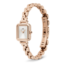 Quadro Mini Arch 3-link White Sunray Rose Gold watch with a slim, adjustable rose gold bracelet, minimalist white sunray dial, and a button-less butterfly buckle for a seamless fit.