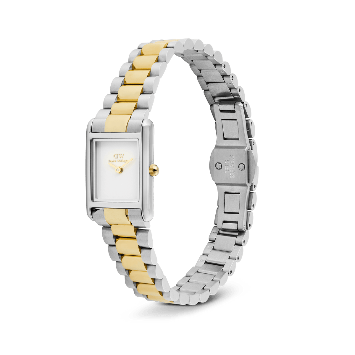 Bound Mini 3-Link Two Tone Gold ladies watch with a rectangular white dial, gold crown, and a slim gold and silver 3-link bracelet, shown with its adjustable butterfly clasp open.