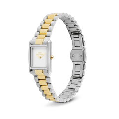 Bound Mini 3-Link Two Tone Gold ladies watch with a rectangular white dial, gold crown, and a slim gold and silver 3-link bracelet, shown with its adjustable butterfly clasp open.