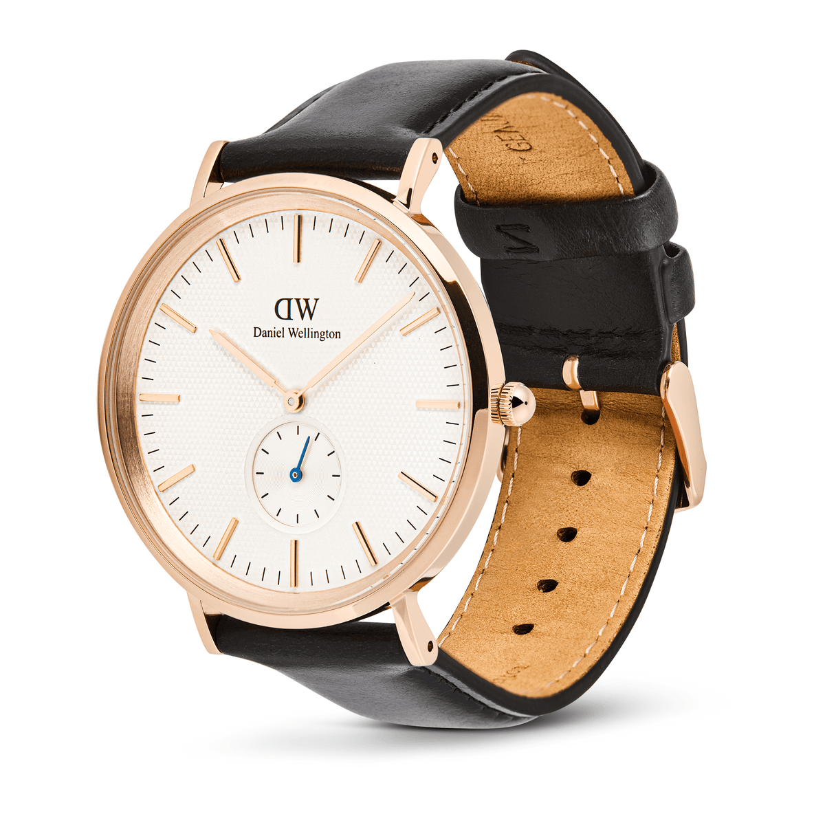 Classic Multi-Eye Sheffield Off-white Sunray Rose Gold men’s watch with a rose gold case, off-white sunray dial, minimalist markers, blue-tinted sub-second hand, and a padded black leather strap with pin buckle closure.