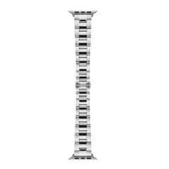 Smartwatch Iconic Link Silver strap for Apple Watch, featuring a brushed and polished stainless steel 3-link design with a butterfly buckle, shown from above to highlight its clean lines and adjustable fit.