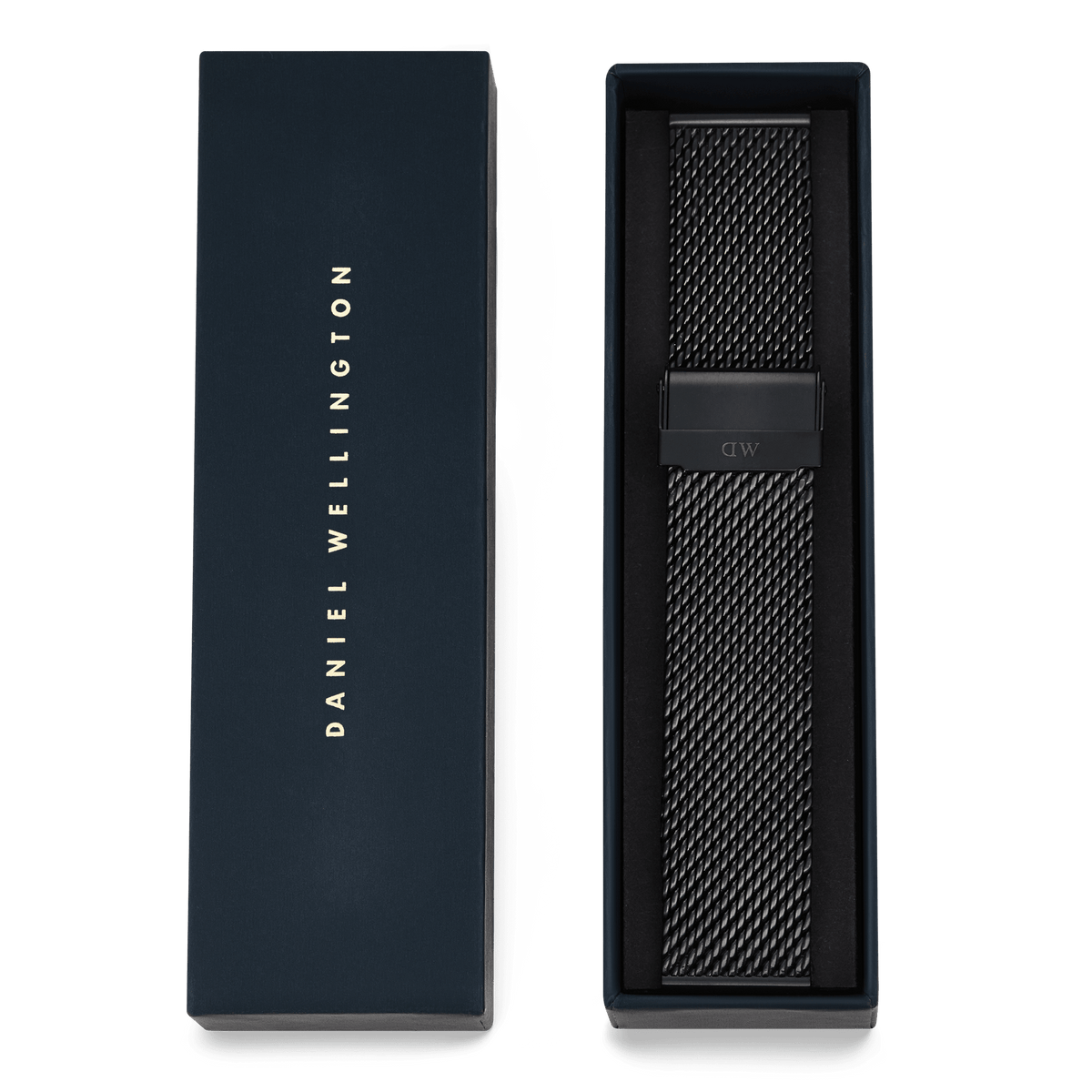 Onyx Mesh Strap in black stainless steel with a fine woven texture, presented in a Daniel Wellington gift box, ideal as a replacement mesh strap for classic or smartwatches.