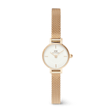 Petite Mini Evergold gold mesh strap watch with a 19mm round white dial, minimalist hour markers, and slim profile, designed for women seeking an elegant and lightweight everyday accessory.