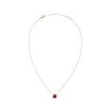 Rose gold necklace with a delicate chain, featuring a domed red agate stone pendant framed by a halo of white cubic zirconia crystals.