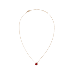 Rose gold necklace with a delicate chain, featuring a domed red agate stone pendant framed by a halo of white cubic zirconia crystals.