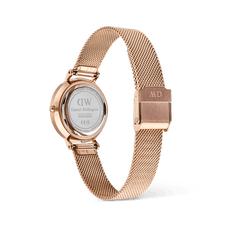 Rear view of the Petite Roman Numerals Date Rose Gold watch showing the engraved case back, rose gold mesh strap, and fold-over clasp designed for a secure and comfortable fit.