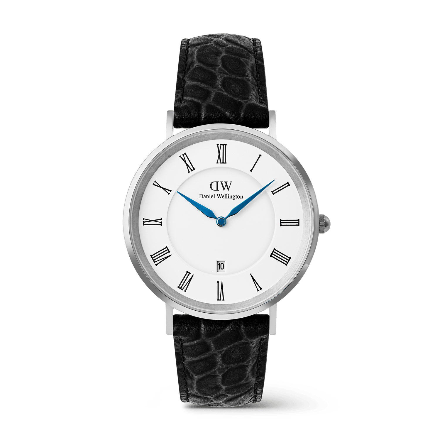 Classic men's watch with a white dial, black Roman numerals, blue hands, and a date window, set in a polished silver case with a black croc-embossed leather strap.