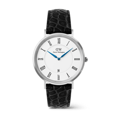 Classic men's watch with a white dial, black Roman numerals, blue hands, and a date window, set in a polished silver case with a black croc-embossed leather strap.