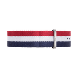 Cambridge Strap Silver showcases a 20mm NATO watch strap with vibrant red, white, and blue stripes, finished with a sleek silver buckle and made from durable polyester.