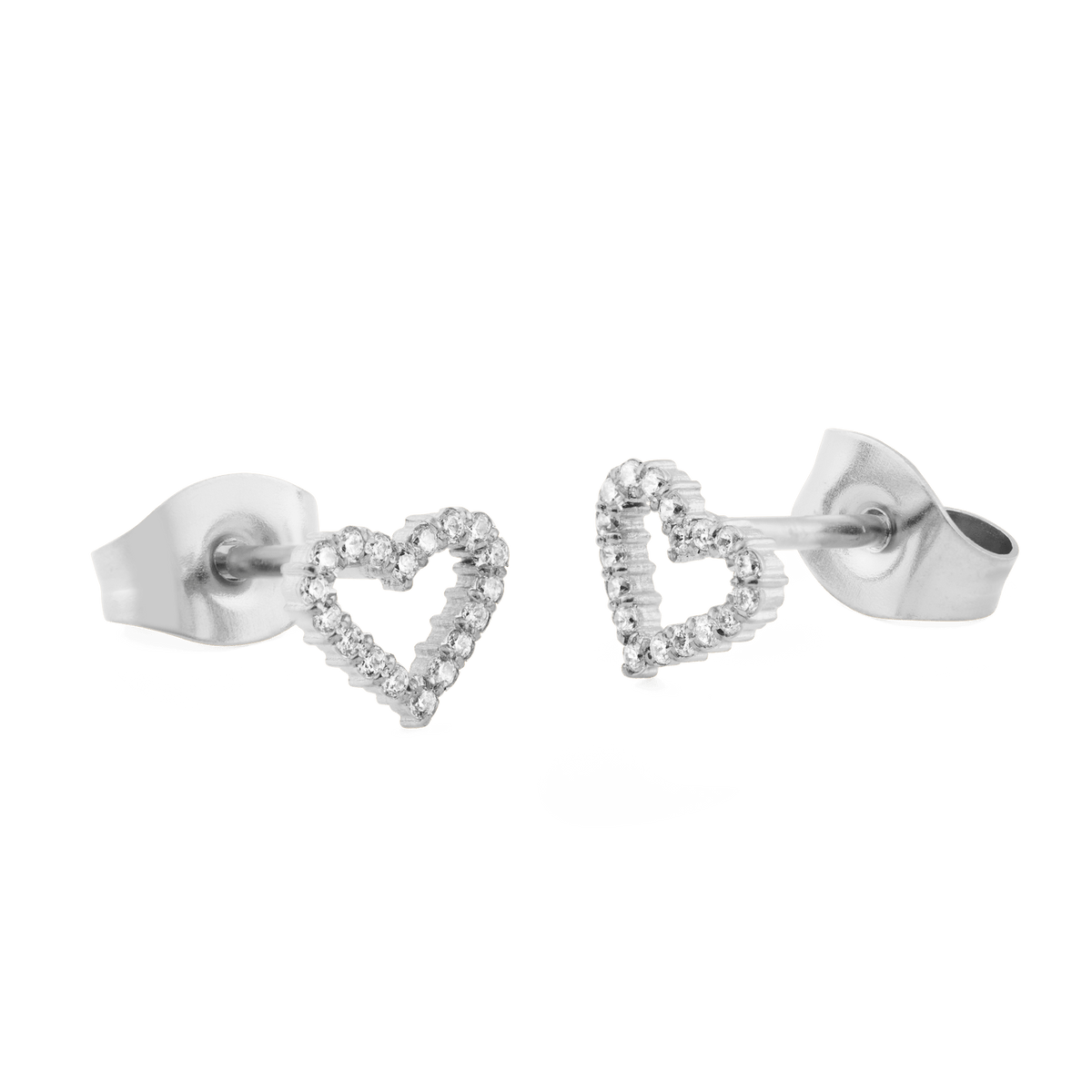 Mirelle Heart Earring Silver stud earrings featuring an open heart shape, set with sparkling white cubic zirconia crystals and finished with secure butterfly backs for comfortable, everyday wear.