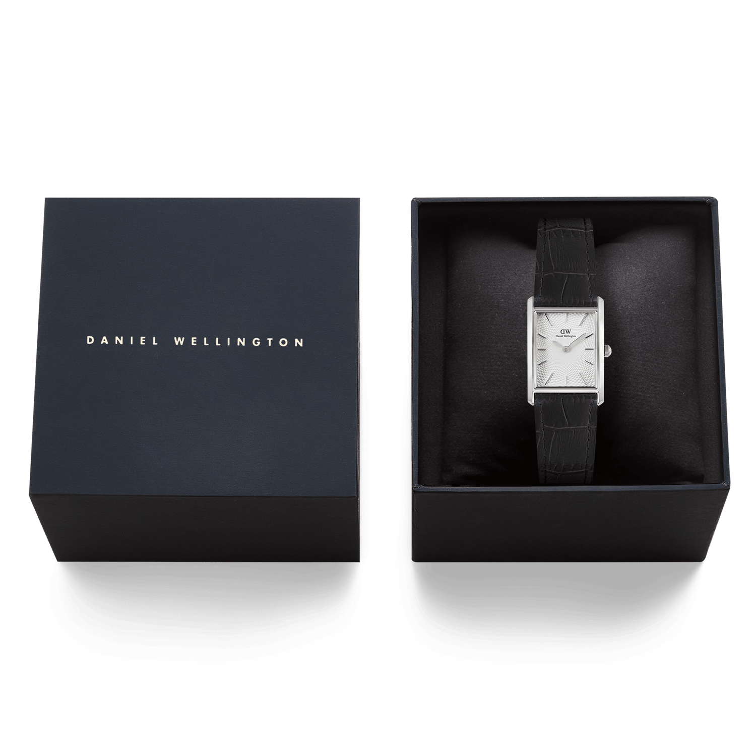 Bound Black Crocodile Guilloché Silver watch presented in a Daniel Wellington gift box, highlighting its rectangular silver case, white guilloché-patterned dial, and black crocodile-embossed leather strap.