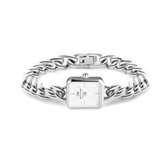 Jolie Chain Silver ladies watch with a chunky polished silver chain bracelet, petite square white dial, and foldover clasp, shown laid flat to highlight its modern, jewellery-inspired design.