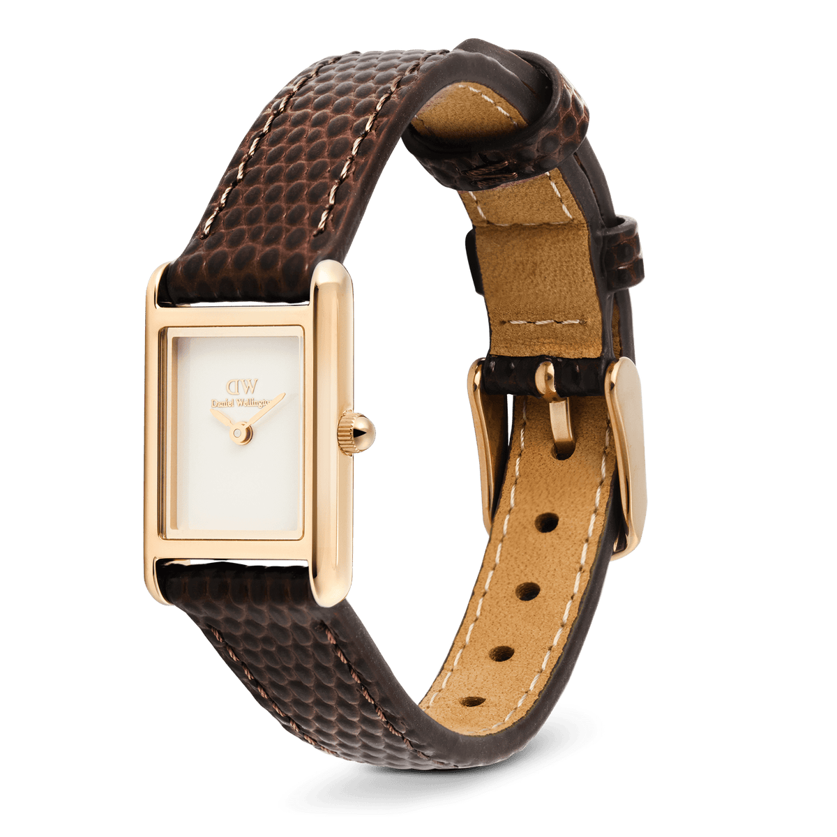 Bound Mini Dark Brown Lizard Rose Gold watch with a rectangular rose gold case, minimalist white dial, and a textured dark brown lizard-grain leather strap featuring a pin buckle closure.