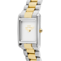 Close-up of the Bound Mini 3-Link Two Tone Gold watch showing its rectangular white dial, gold crown, and polished gold and silver 3-link bracelet, highlighting the minimalist design and quality finish.