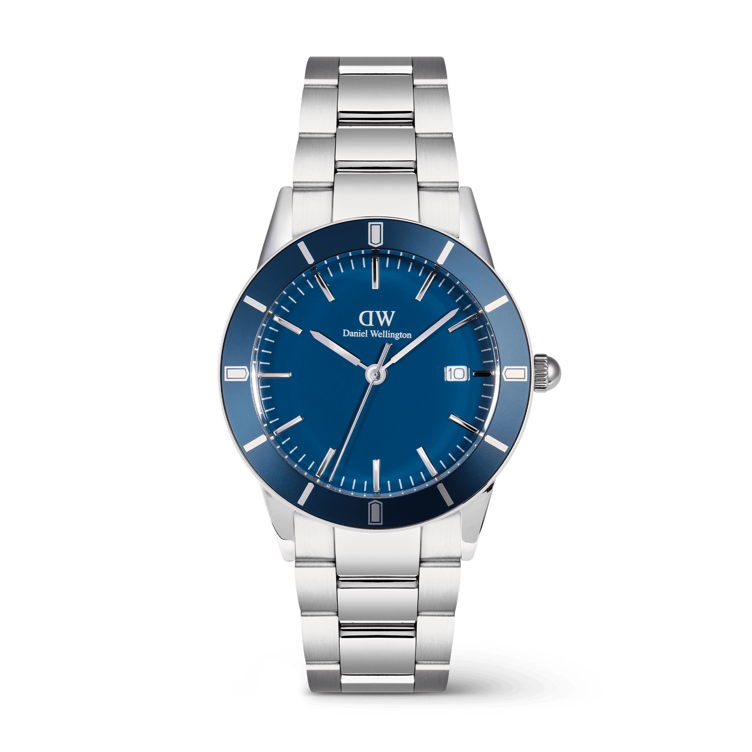 Men’s stainless steel watch with a bold blue enamel dial, silver-tone three-link bracelet, minimalist index markings, and date display, from the Iconic Paradigma Link Blue Enamel Silver collection.