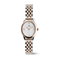 Petite ladies watch with an oval face, featuring a two-tone rose gold and silver five-link bracelet, white dial, and rose gold Roman numerals, designed for a refined and versatile look.