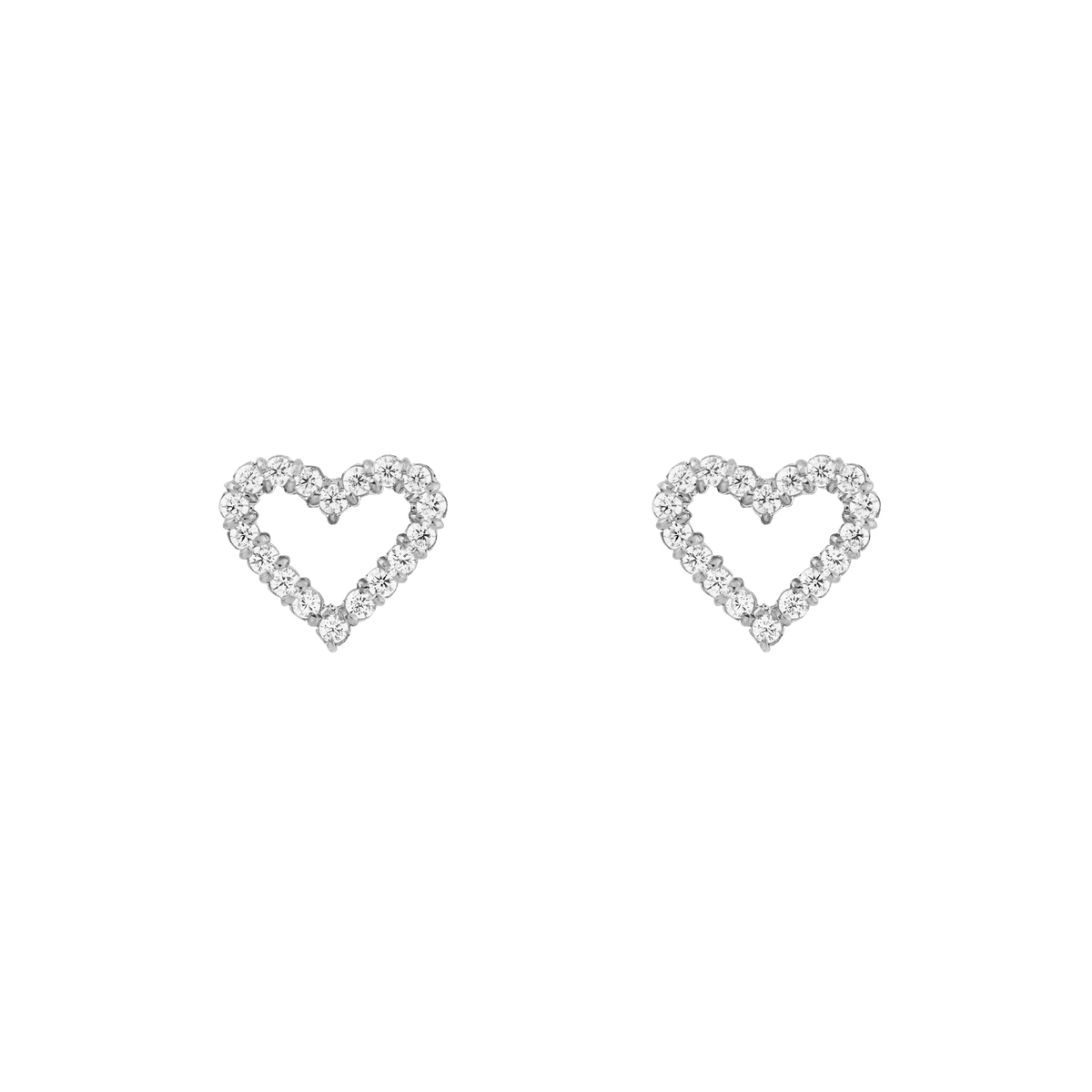 Pair of Mirelle Heart Earring Silver stud earrings featuring an open heart shape outlined with petite white cubic zirconia crystals, crafted from stainless steel for a delicate and modern look.