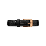 Reading Strap Rose Gold in black pressed croc leather with a rose gold buckle, featuring fine stitching and a textured finish for a classic, elegant look.
