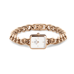Jolie Chain Rose Gold watch displayed with its chunky rose gold chain bracelet and petite square white dial, highlighting the secure foldover clasp and minimalist design.