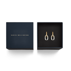 Contrast Link Earrings Two Tone Gold displayed in a Daniel Wellington gift box, featuring polished gold and silver links with a modern, architectural design.