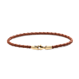 Slim braided brown leather bracelet with a gold-tone stainless steel clasp, featuring a minimalist and refined design suitable for men's everyday or formal wear.