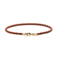 Slim braided brown leather bracelet with a gold-tone stainless steel clasp, featuring a minimalist and refined design suitable for men's everyday or formal wear.