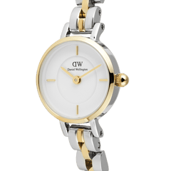 Close-up of the Petite Mini Arch 3-Link Two Tone Gold watch featuring a minimalist white dial, gold bezel, and polished gold and silver 3-link bracelet, highlighting its elegant and refined design.