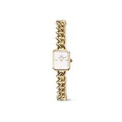 Jolie Chain Gold ladies watch featuring a chunky gold chain bracelet, a petite square white dial, and a minimalist design, ideal for everyday wear or stacking with other jewellery.