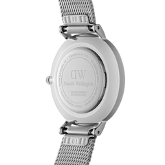 Back view of the Petite Roman Numerals Sterling watch showing the engraved stainless steel case, secure mesh strap, and interchangeable strap mechanism for easy adjustment.