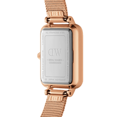 Back view of the Quadro Lumine Bezel Melrose Pink MOP rose gold watch, showing the stainless steel case, engraved details, and mesh strap attachment.