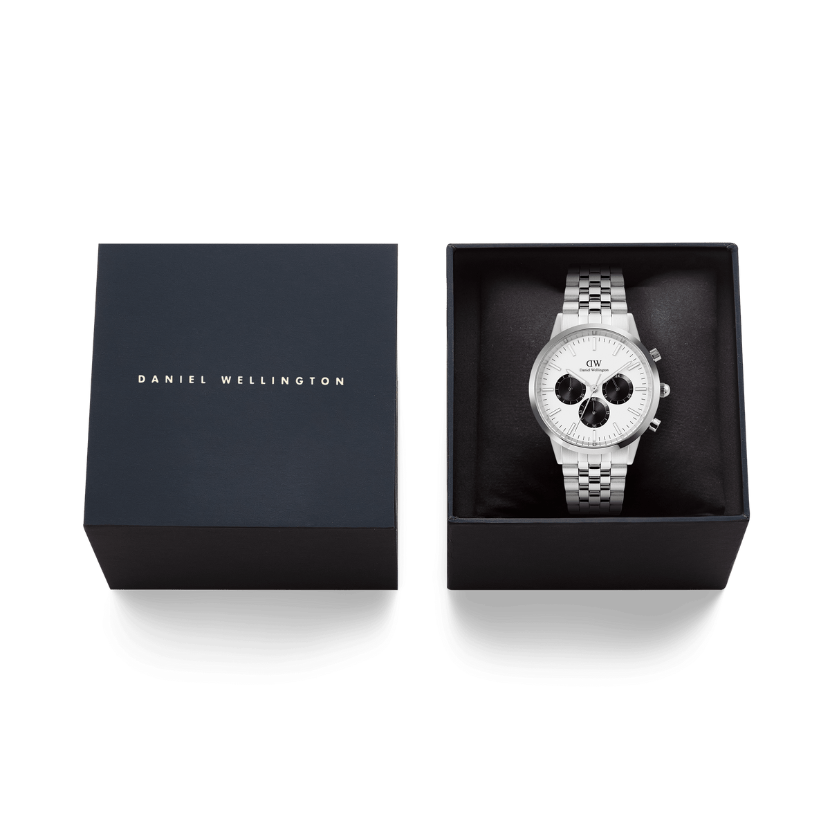 Iconic Chronograph Arch 5-Link Off-White Panda Silver men's watch presented in a sleek black Daniel Wellington gift box, highlighting its polished stainless steel bracelet and signature panda dial.