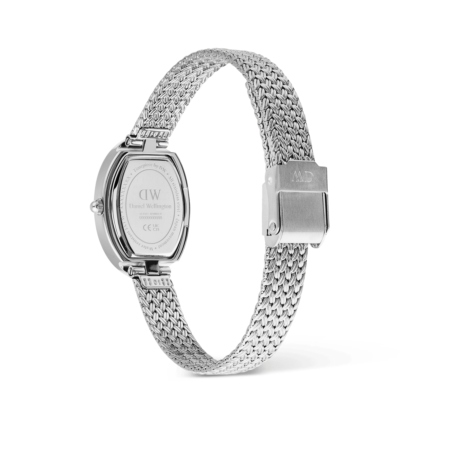 Rear view of the Juliette Braided Mesh White Sunray Silver ladies watch, showing the oval stainless steel case, engraved case back, and adjustable braided mesh strap with a secure fold-over clasp.