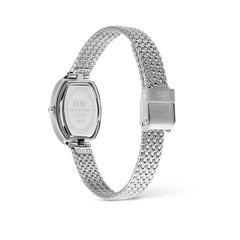 Rear view of the Juliette Braided Mesh White Sunray Silver ladies watch, showing the oval stainless steel case, engraved case back, and adjustable braided mesh strap with a secure fold-over clasp.