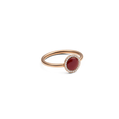 Audrey Ring Red Agathe Rose Gold featuring a slim rose gold band with a domed red agate centre stone, surrounded by a halo of sparkling white cubic zirconia crystals.