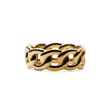 Chunky Chain Ring Gold featuring polished, interlocking links in a bold gold finish, crafted from stainless steel with PVD plated gold for a modern and distinctive look.