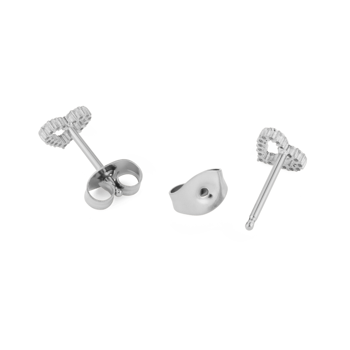 Close-up of Mirelle Heart Earring Silver stud backs and butterfly clasps, highlighting the high quality stainless steel construction and secure fastening suitable for sensitive ears.