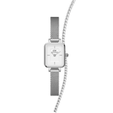 Silver rectangular Quadro Mini watch with a white dial and mesh strap, paired with a delicate tennis bracelet featuring sparkling stones, designed for women seeking timeless elegance and versatile styling.