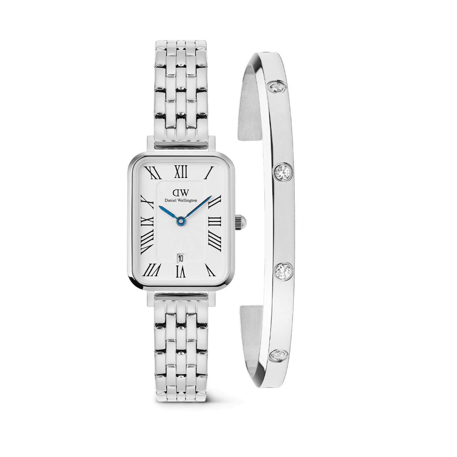 Rectangular silver ladies watch with a five-link stainless steel strap, Roman numeral dial, and blue hands, paired with a sleek silver cuff bracelet featuring sparkling crystal accents.