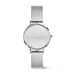 Petite Reflection Silver ladies watch with a 28mm mirror-effect silver dial and a polished, adjustable mesh strap, featuring a minimalist design ideal for both everyday wear and special occasions.