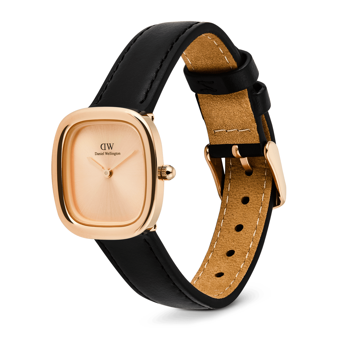 Margot Sheffield Unitone Sunray Rose Gold ladies watch featuring a cushion-shaped rose gold case, minimalist rose gold dial, and slim black genuine leather strap with a polished pin buckle.
