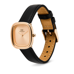 Margot Sheffield Unitone Sunray Rose Gold ladies watch featuring a cushion-shaped rose gold case, minimalist rose gold dial, and slim black genuine leather strap with a polished pin buckle.