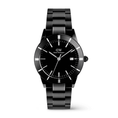Iconic Paradigma Link Black men’s watch with a 40mm stainless steel case, minimalist black dial, bold index bezel, and a polished and brushed black link bracelet, featuring a date display and clear index markings.
