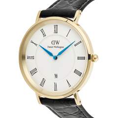 Daniel Wellington Classic Roman Numerals Date Black Croc Belly Gold men’s watch with a gold case, white dial, black Roman numerals, blue hands, date window, and a black croc-embossed leather strap.