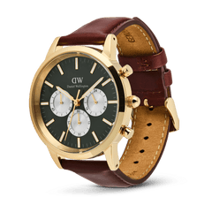 Iconic Chronograph St Mawes Emerald Panda Gold men’s watch with a gold round case, emerald green dial, panda sub-dials, and a brown stitched leather strap, featuring a pin buckle closure and luminous hands.
