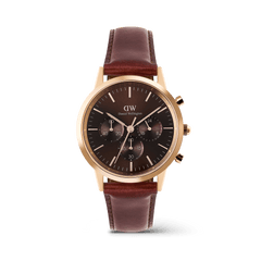 Iconic Chronograph St Mawes Amber RG men's watch featuring a rose gold case, amber sunray dial with three sub-dials, and a classic brown leather strap, blending timeless style with practical chronograph functions.