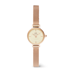Petite Mini Champagne Melrose watch featuring a slim champagne dial and an elegant rose gold mesh strap, showcasing a minimalist and refined design.
