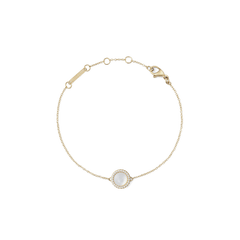 Slim gold chain bracelet featuring a domed mother of pearl centrepiece surrounded by white cubic zirconia, with an adjustable clasp for a comfortable fit.